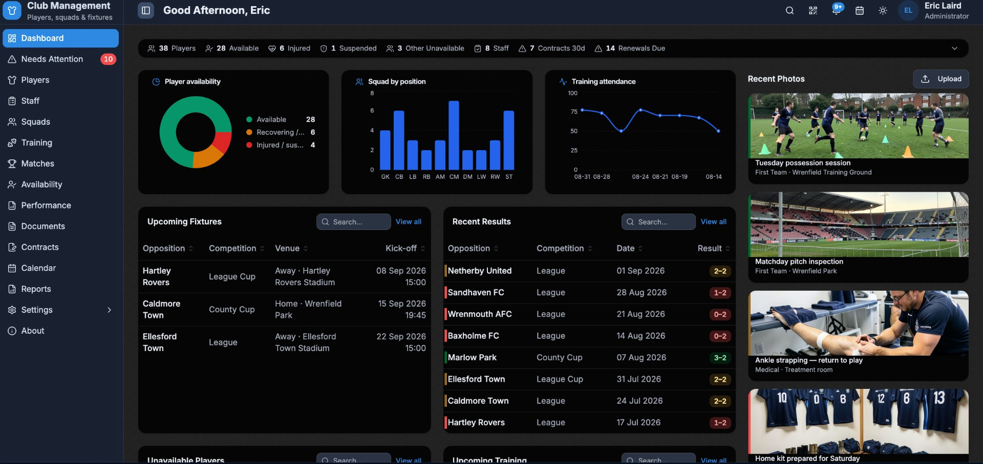 Football club management software built around your players, squads and fixtures.