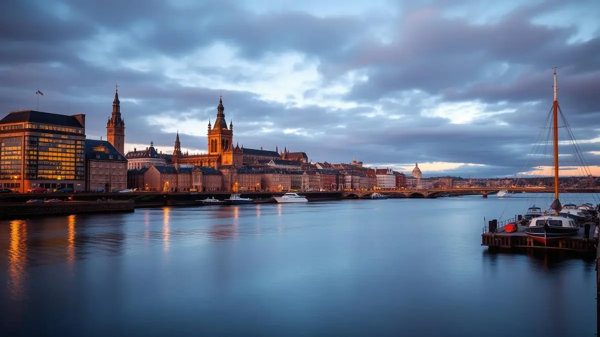 Aberdeen granite city skyline with Marischal College and the harbour at dusk, Ceejay Intelligence builds custom business software for Aberdeen businesses.