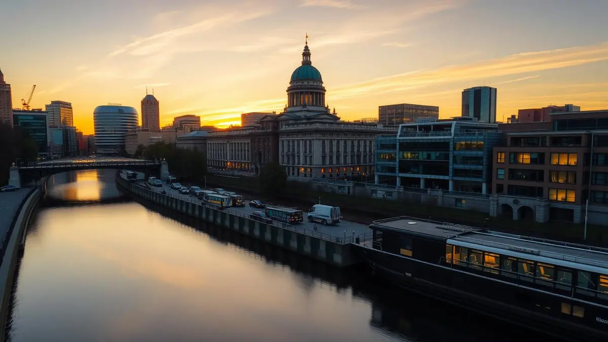 Birmingham city centre at golden hour with the Library of Birmingham, Ceejay Intelligence builds custom business software for Birmingham businesses.