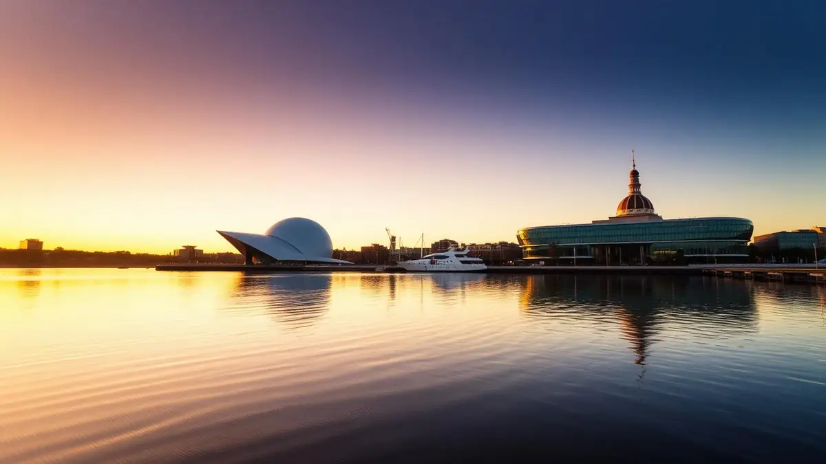 Cardiff Bay at golden hour with the Wales Millennium Centre and Pierhead Building, Ceejay Intelligence builds custom business software for Cardiff businesses.