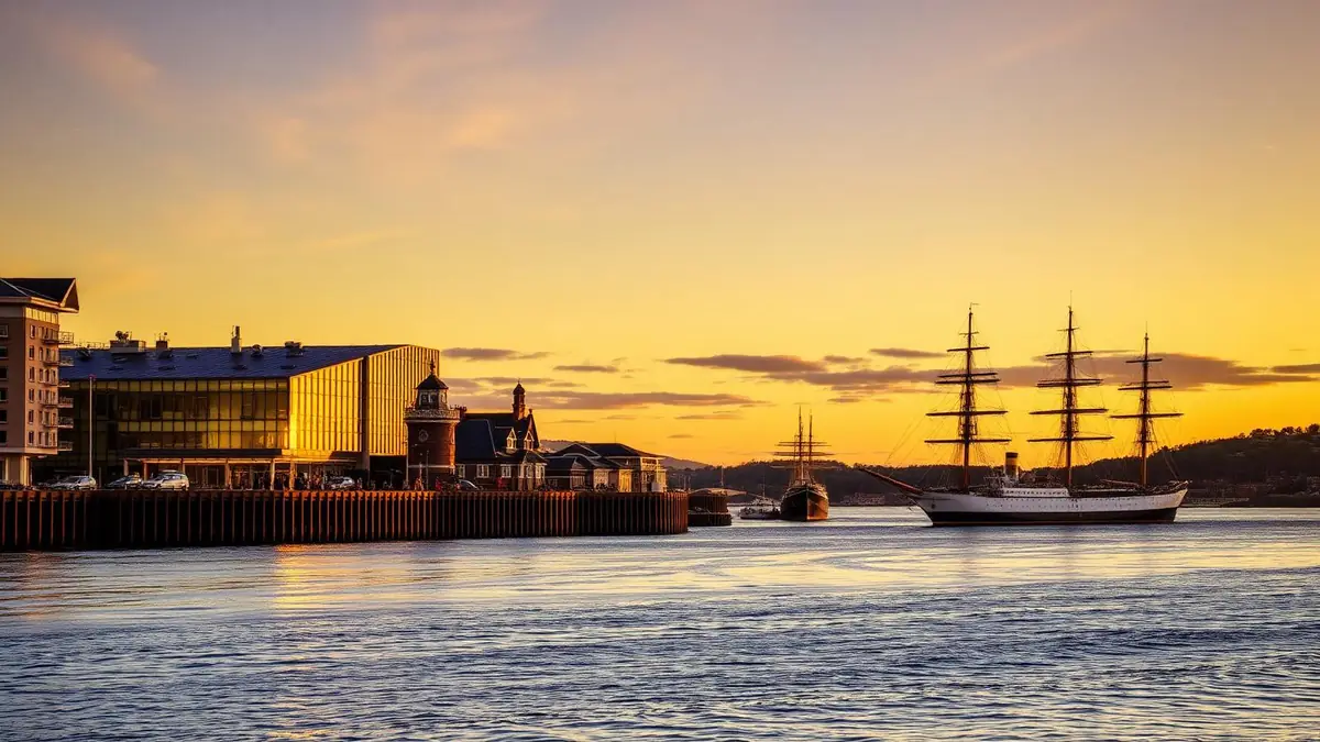 Dundee waterfront at golden hour with V&A Dundee and the RRS Discovery on the Tay, Ceejay Intelligence builds custom business software for Dundee businesses.