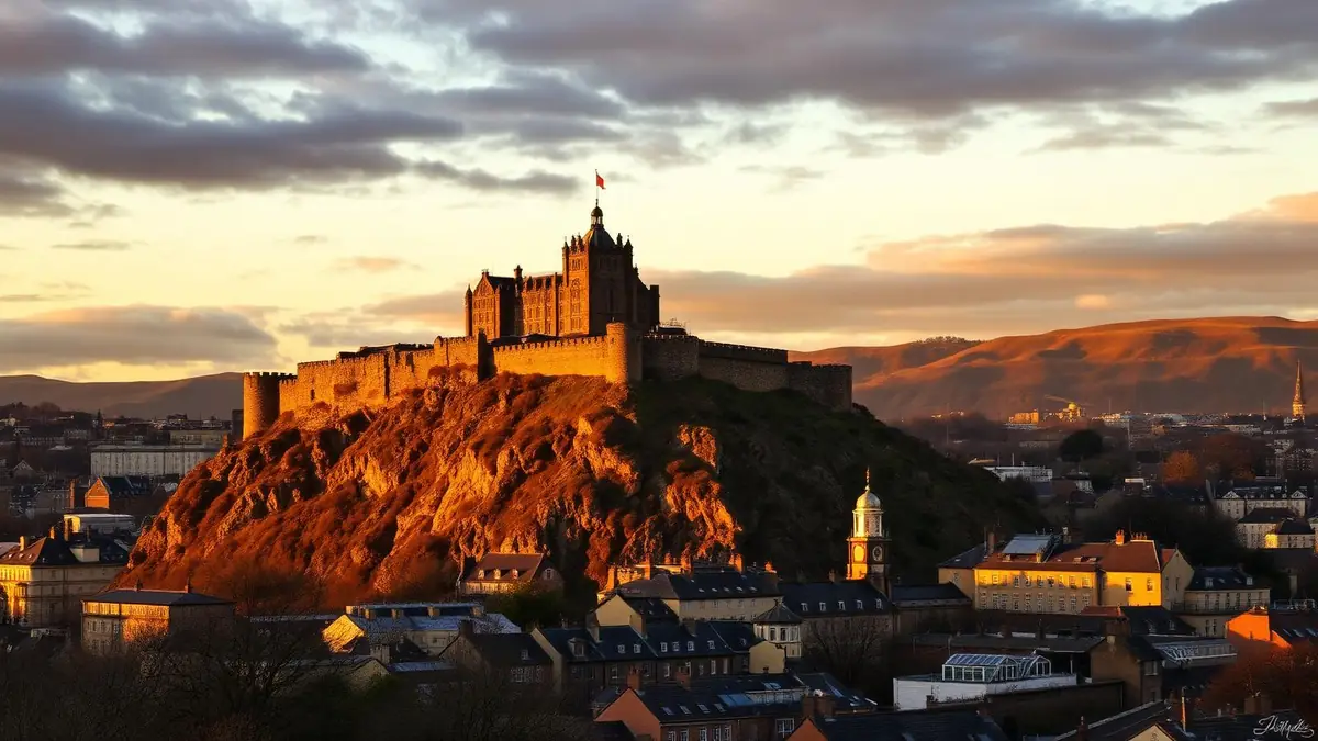 Edinburgh Castle on Castle Rock at golden hour above the Old Town, Ceejay Intelligence builds custom business software for Edinburgh businesses.
