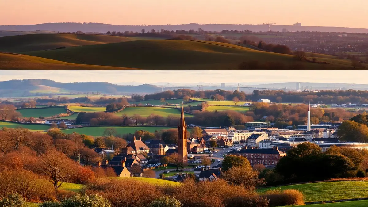 Rolling English countryside meeting a market town and distant city skyline at golden hour, Ceejay Intelligence builds custom business software for English businesses.