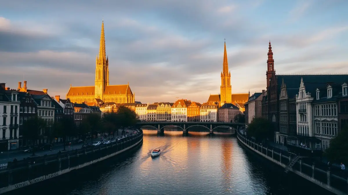 Ghent skyline at golden hour, Ceejay Intelligence builds custom business software for Ghent biotech, education and creative Flemish businesses.