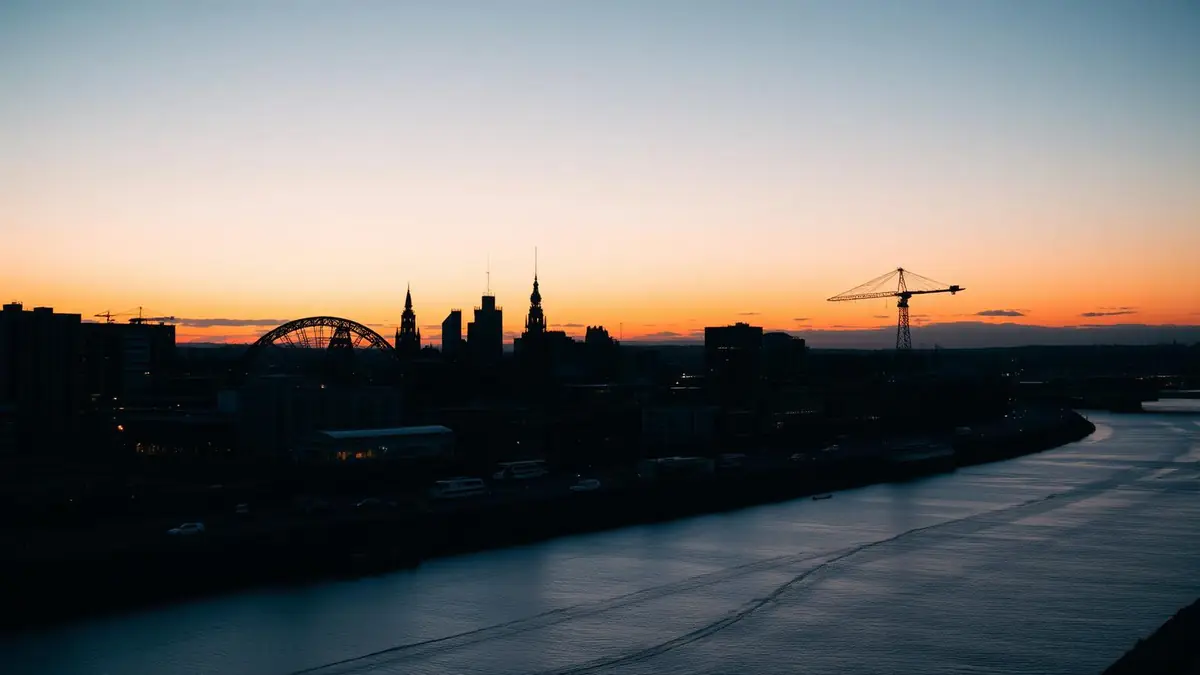 Glasgow city skyline at sunset over the River Clyde with the Finnieston Crane, Ceejay Intelligence builds custom business software for Glasgow businesses.