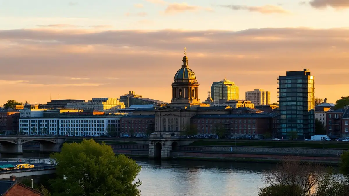 Leeds city skyline at golden hour with Town Hall dome and the River Aire, Ceejay Intelligence builds custom business software for Leeds businesses.