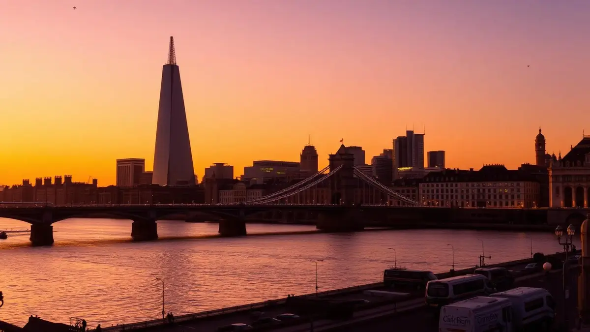 London skyline at sunset with Tower Bridge, the Shard and the Thames, Ceejay Intelligence builds custom business software for London businesses.