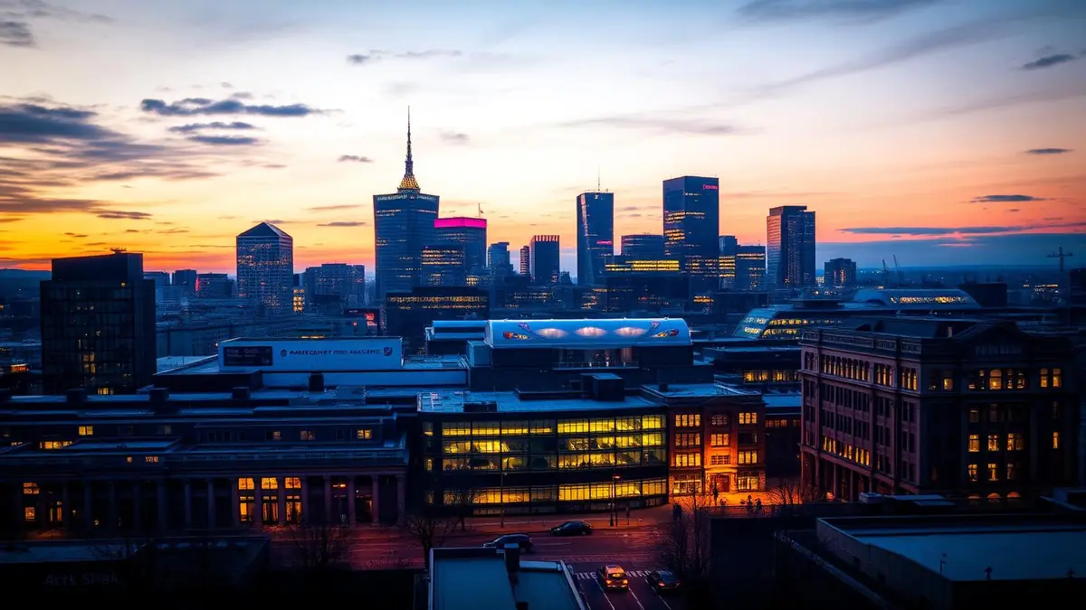 Manchester city skyline at dusk with Beetham Tower and Deansgate Square, Ceejay Intelligence builds custom business software for Manchester businesses.