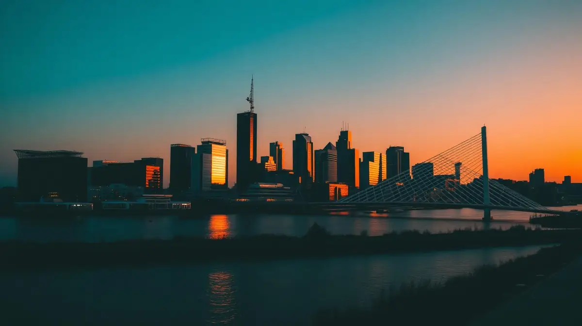 Rotterdam skyline at golden hour, Ceejay Intelligence builds custom business software for Rotterdam port, logistics and architecture driven businesses.