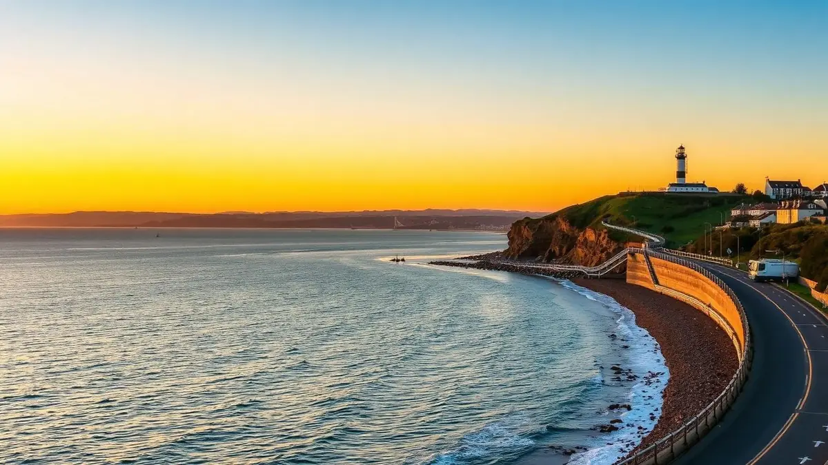 Swansea Bay at sunset with Mumbles lighthouse on the headland, Ceejay Intelligence builds custom business software for Swansea businesses.
