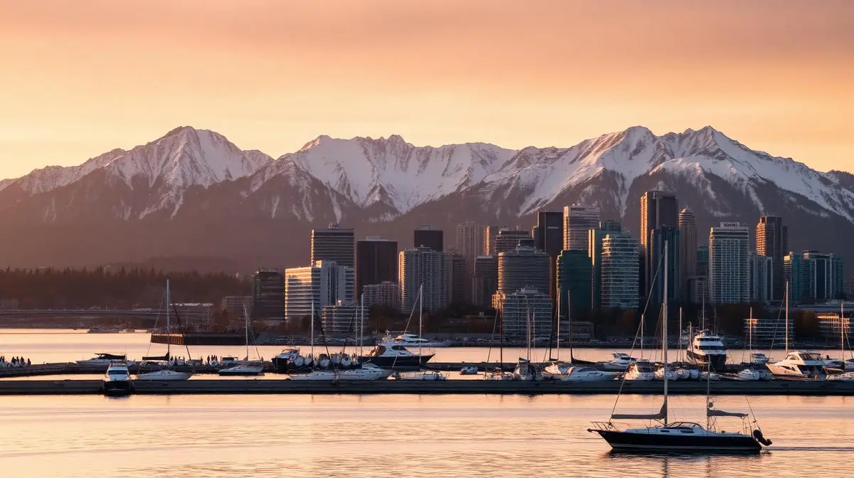 Vancouver skyline at golden hour, Ceejay Intelligence builds custom business software for Vancouver tech, film and Pacific coast lifestyle businesses.