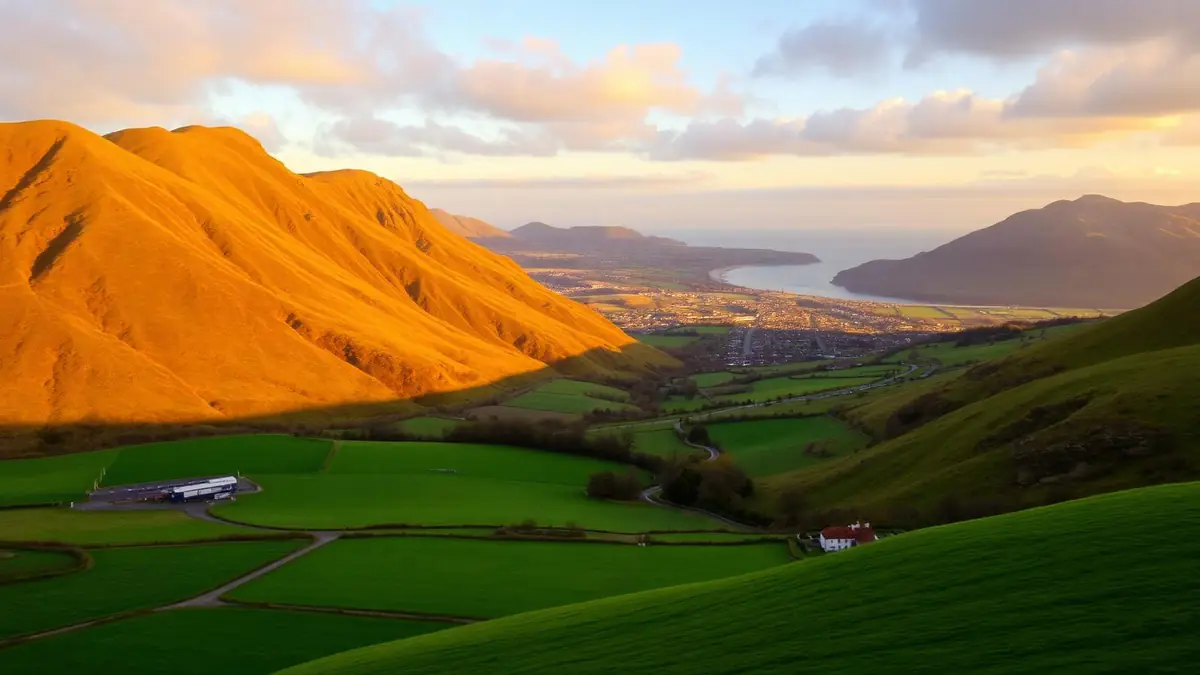 Welsh landscape with Snowdonia mountains, green valleys and a coastal town at golden hour, Ceejay Intelligence builds custom business software for Welsh businesses.