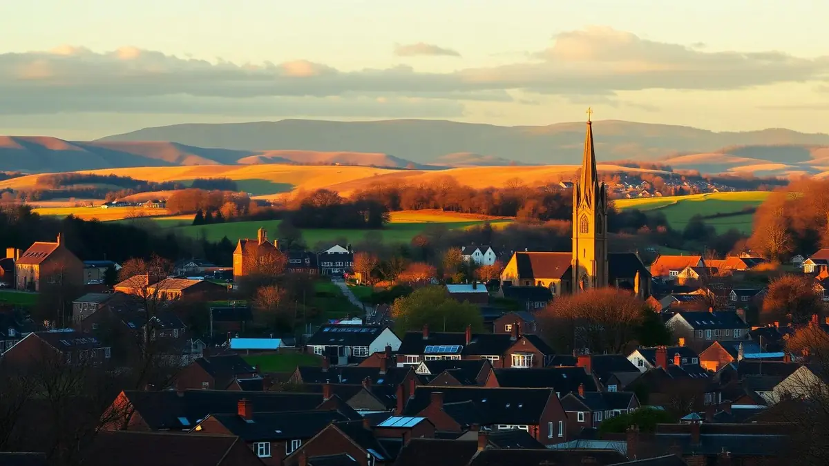 Wrexham with St Giles' Church tower and rolling Welsh hills behind at golden hour, Ceejay Intelligence builds custom business software for Wrexham businesses.